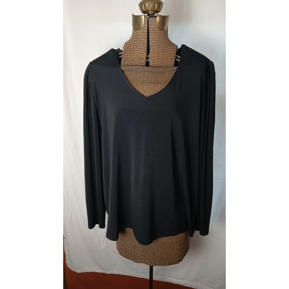 Calvin Klein Womens 1X Black V-Neck Long Sleeve Pleated Shoulder Blouse Top